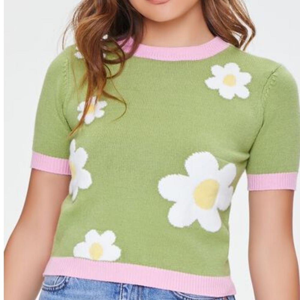 Forever 21 Vintage Inspired Springtime Daisy Floral Sweater Knit Top Womens Sz L
